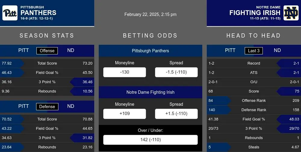 Pittsburgh Panthers vs Notre Dame Fighting Irish Stats